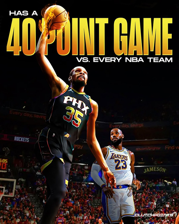 太阳主场擒骑士,杜兰特42分创里程碑,成NBA历史唯二对各队皆砍40+球员